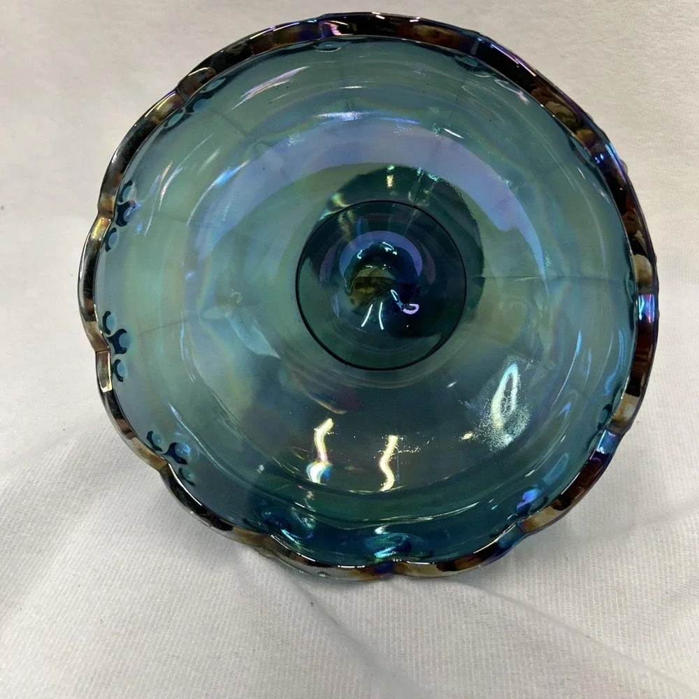 Vintage Indiana Glass Blue Carnival Glass Pedestal Compote Centerpiece Bowl